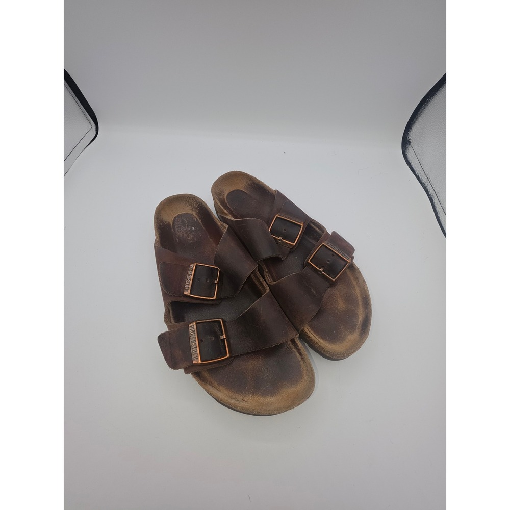 Birkenstock Arizona Dark Brown Oiled Leather Two Strap Buckle Sandals Slide
